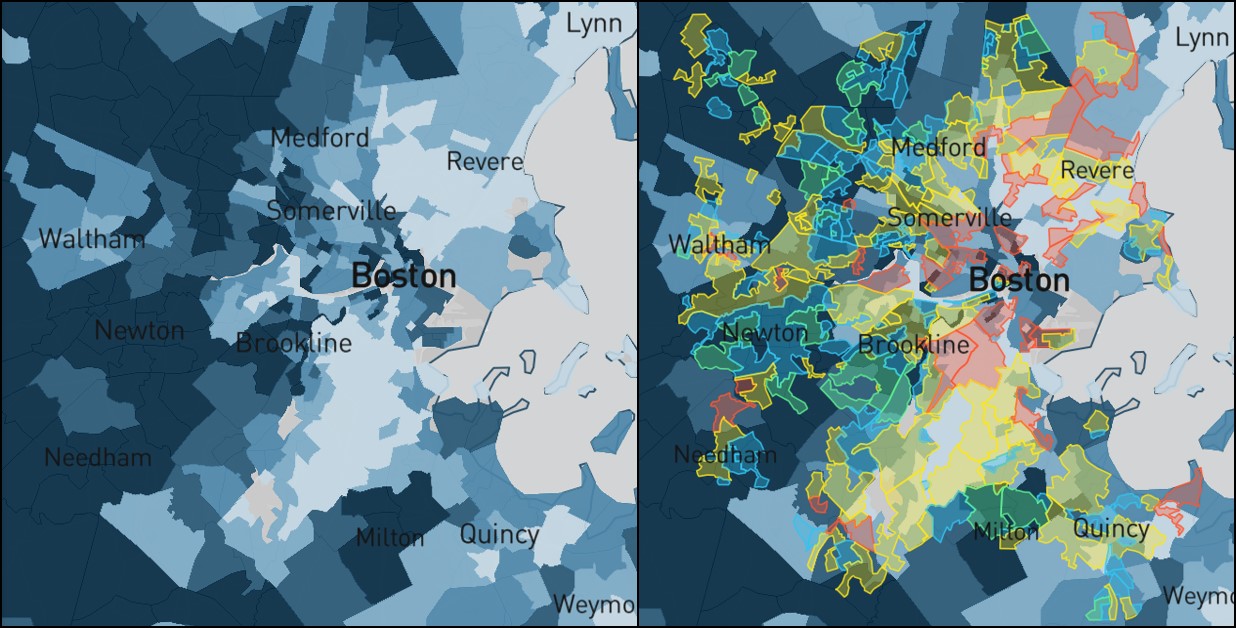 Two maps of the Child Opportunity Index in greater Boston, side by side; the right one also shows 1930s neighborhood grades by HOLC