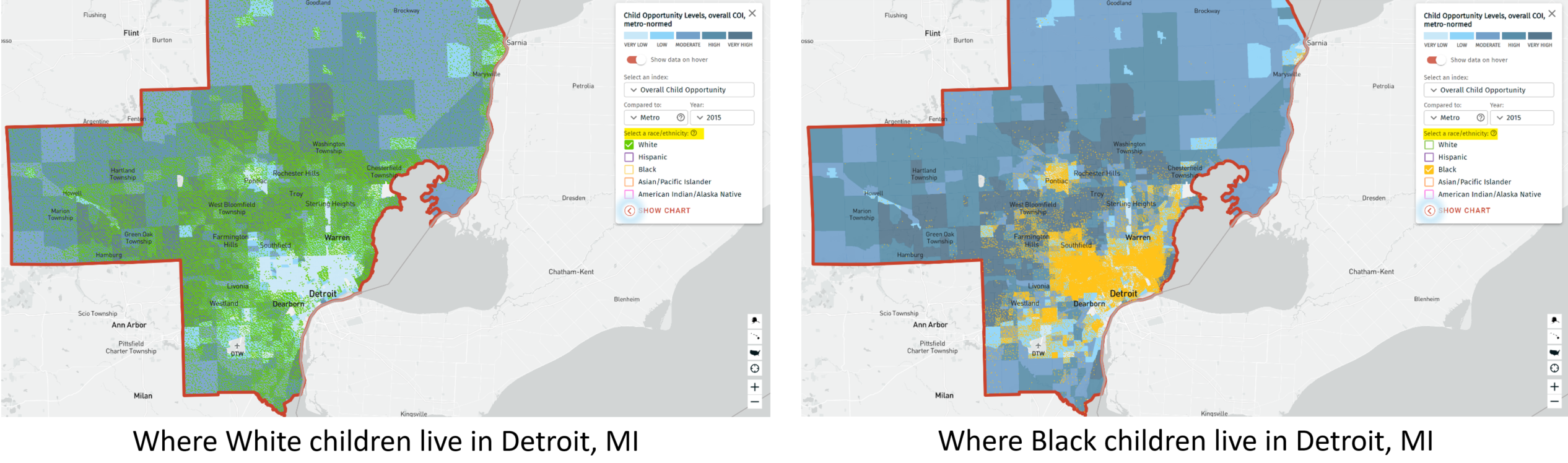 Image shows distribution of Black and White children in Detroit, MA