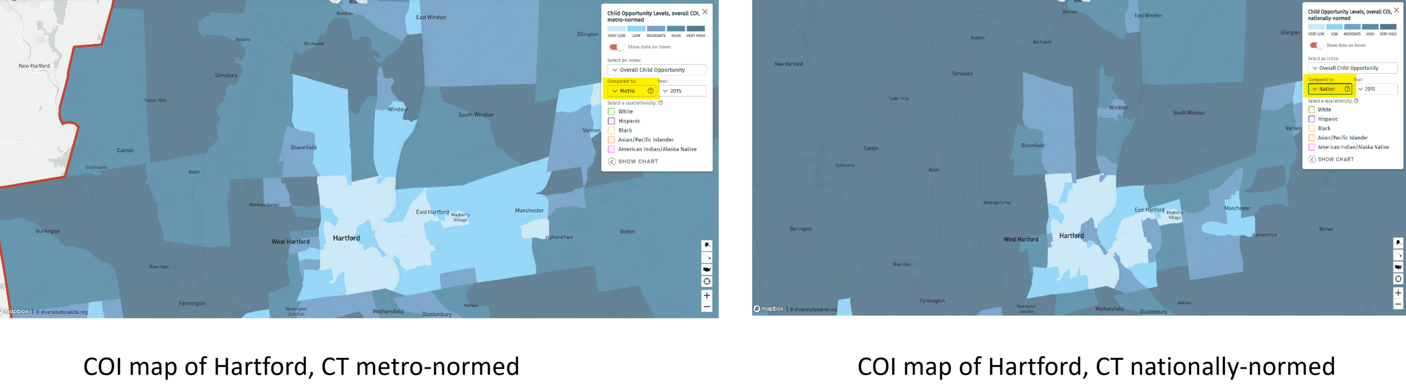 COI maps of Hartford, CT metro and nationally normed 