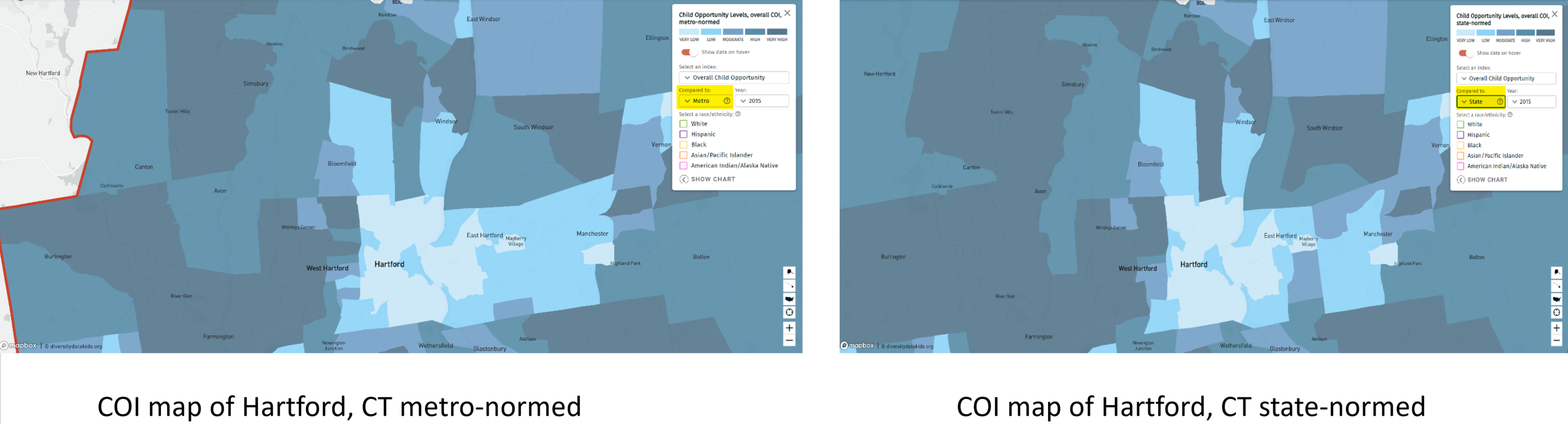 COI maps of Hartford, CT metro and state normed 