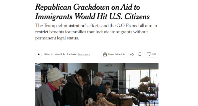 Photo of headline of article with photo of families