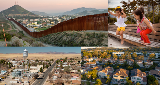 Collage of four photos of various opportunity along the US Mexico border